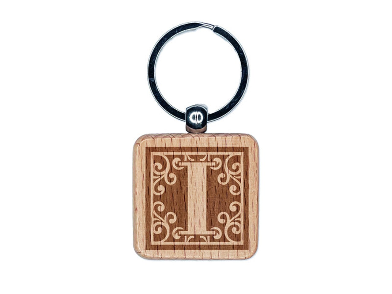 Monogram Swirls Capital Letter I Engraved Wood Square Keychain Tag Charm